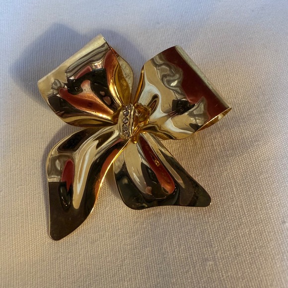 Monet Jewelry - Gold Tone Bow Brooch Pin Rhinestone Accent Elegant Statement Jewelry Women